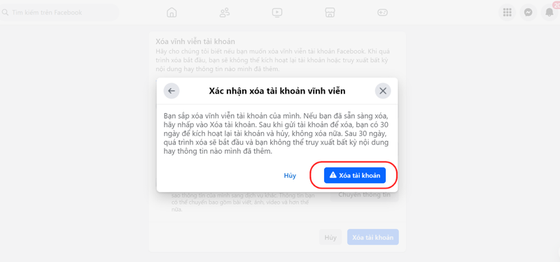 xóa tài khoản Facebook vĩnh viễn bước 3