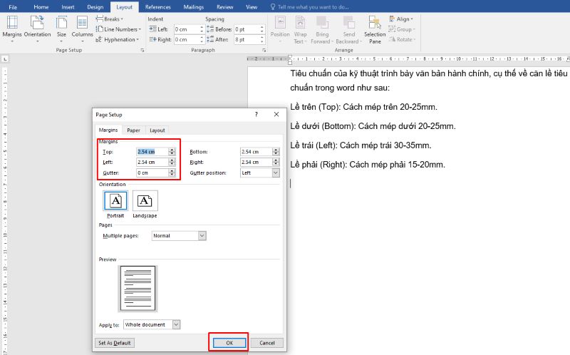 Cách căn lề chuẩn trong Word từ Layout bước 2
