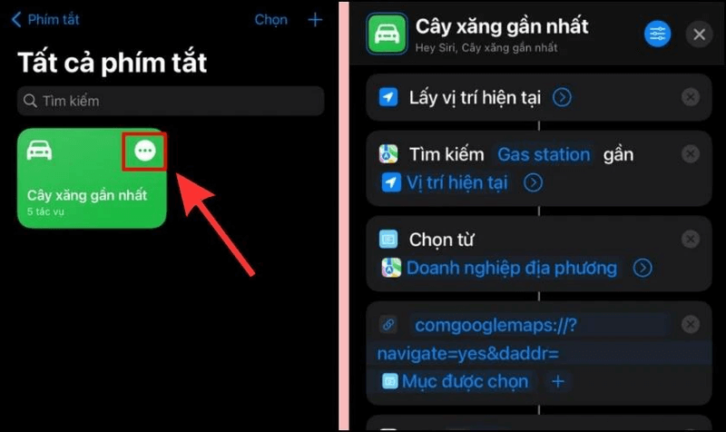 Sử dụng Siri Shortcuts trên iPhone tìm cây xăng bước 1 bước 3