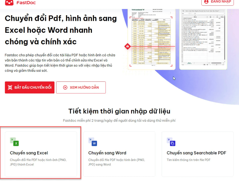 chuyển đổi ảnh sang Excel với FastDoc bước 2