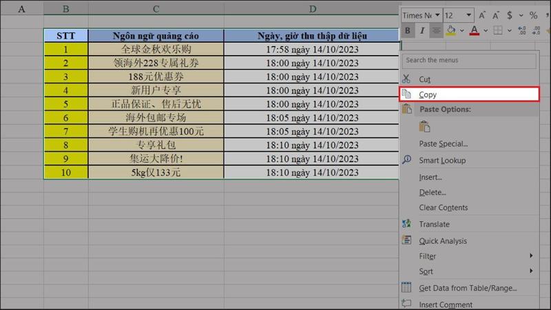 Cách chuyển file Excel sang Word với chức năng Paste Special  bước 1