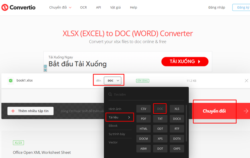 cách chuyển bảng Excel sang Word nhờ Convertio.co bước 3