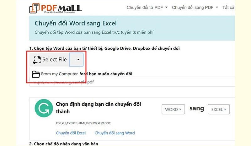 Chuyển Word sang Excel bằng PDFmall.com bước 2