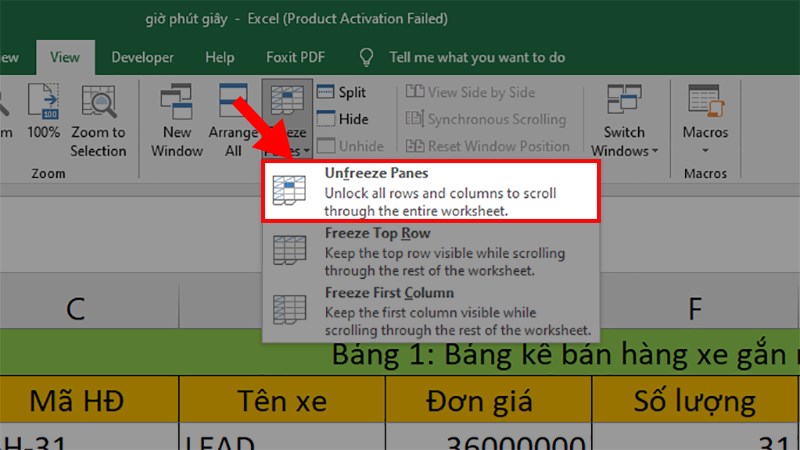 Cách bỏ cố định cột, dòng trong Excel bước 1