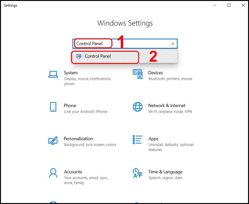 Tìm kiếm Control Panel trong mục Settings