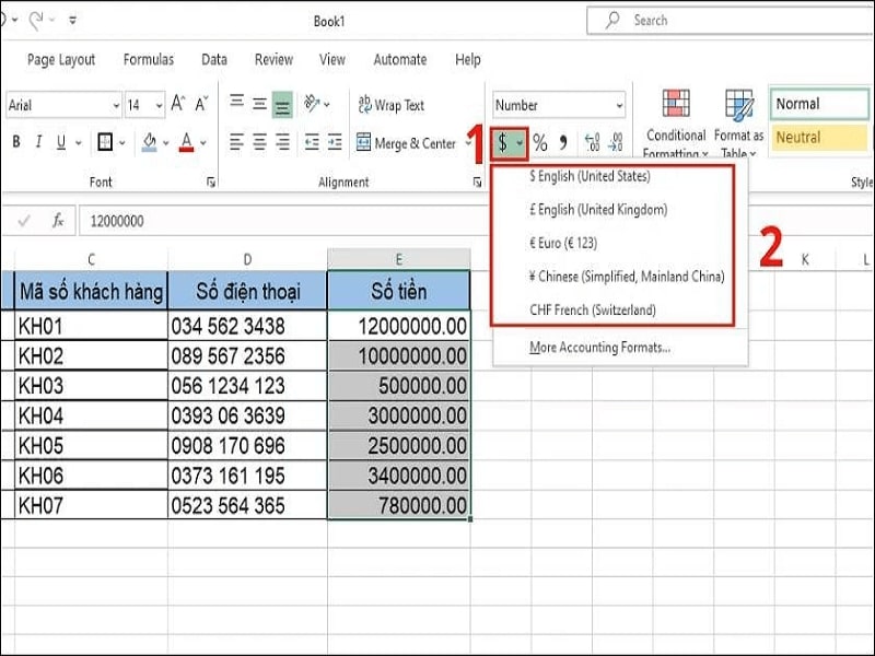  Định dạng tiền tệ, kế toán bước 2