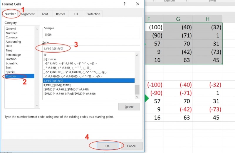 Định dạng số âm trong Excel bước 3