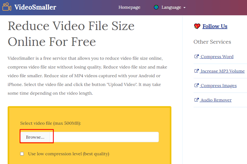Giảm dung lượng video trên website Video Smaller bước 1