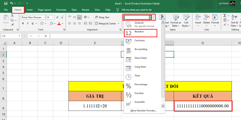 Lỗi hiển thị số 1,111E+20