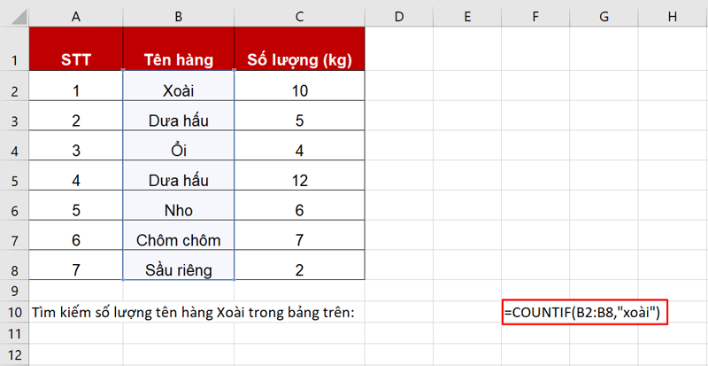  Tìm kiếm số lượng tên hàng Xoài trong bảng