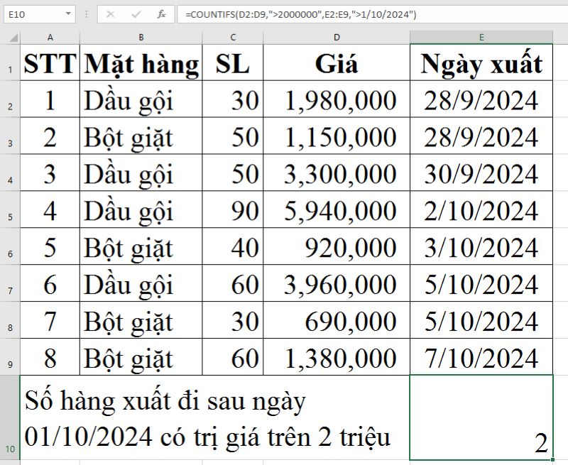 Cách dùng hàm COUNTIFS trong Excel/Google Sheet ví dụ 2