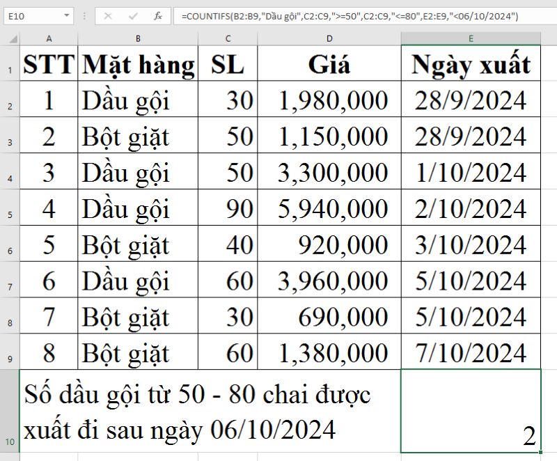 Cách dùng hàm COUNTIFS trong Excel/Google Sheet ví dụ 3