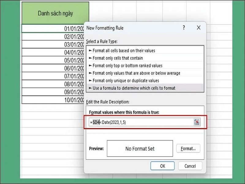 Sử dụng hàm DATE trong định dạng có điều kiện bước 3