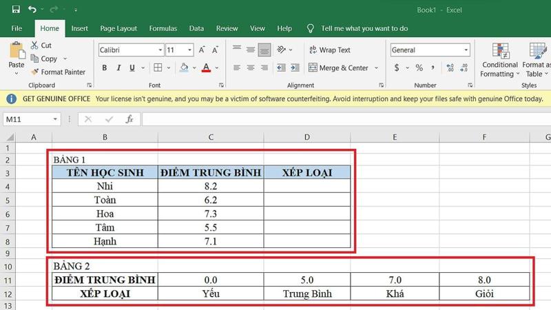 Cách dùng HLOOKUP để xếp loại danh hiệu