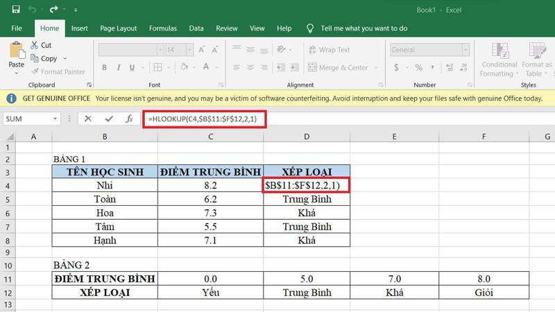 Cách dùng HLOOKUP để xếp loại danh hiệu bước 3