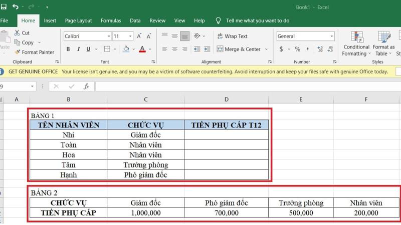 Cách dùng hàm HLOOKUP để tính phụ cấp nhân viên