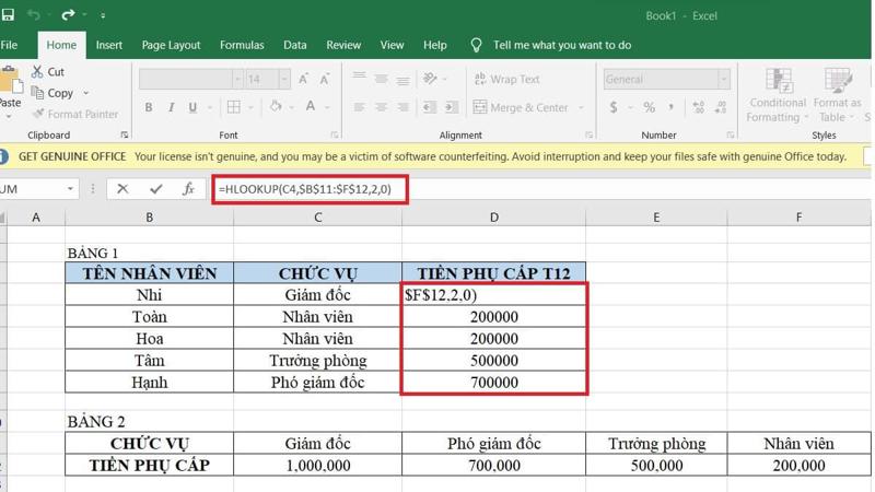 Cách dùng hàm HLOOKUP để tính phụ cấp nhân viên bước 3