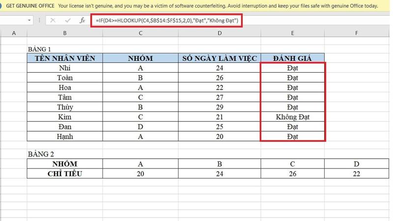 Dùng hàm HLOOKUP kết hợp hàm IF để đánh giá nhân viên bước 2