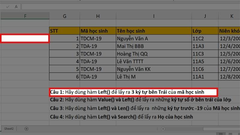 cách sử dụng hàm Left trong Excel bước 1