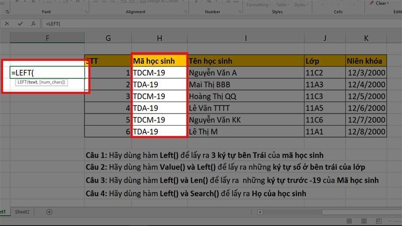 cách sử dụng hàm Left trong Excel bước 2