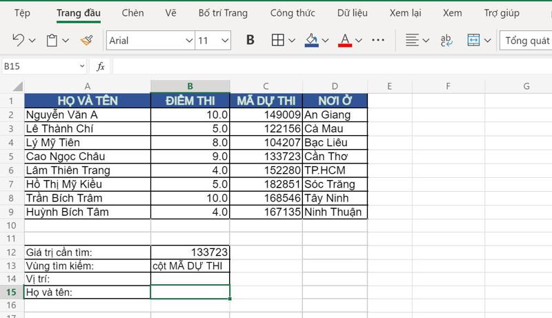 Ví dụ hàm MATCH kết hợp INDEX