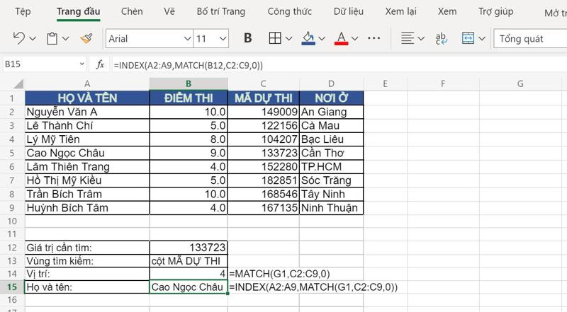 Ví dụ hàm MATCH kết hợp INDEX