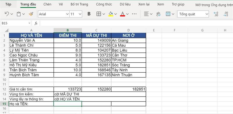 Ví dụ hàm XMATCH kết hợp INDEX