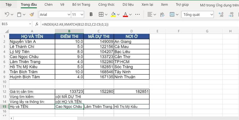 Ví dụ hàm XMATCH kết hợp INDEX