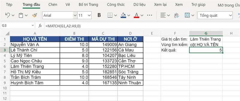 Ví dụ về hàm MATCH và XMATCH