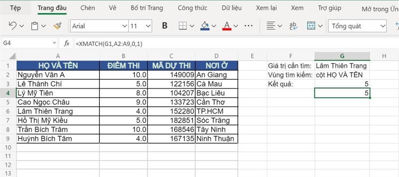 Ví dụ về hàm MATCH và XMATCH