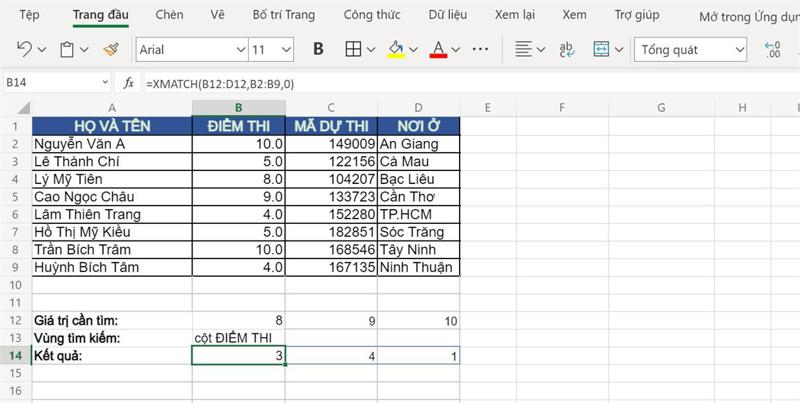 Ví dụ về hàm XMATCH tìm nhiều vị trí