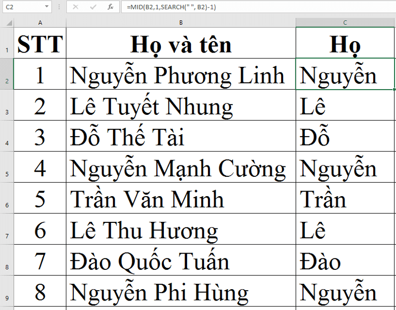 Cách dùng hàm MID để trích xuất họ bất kỳ