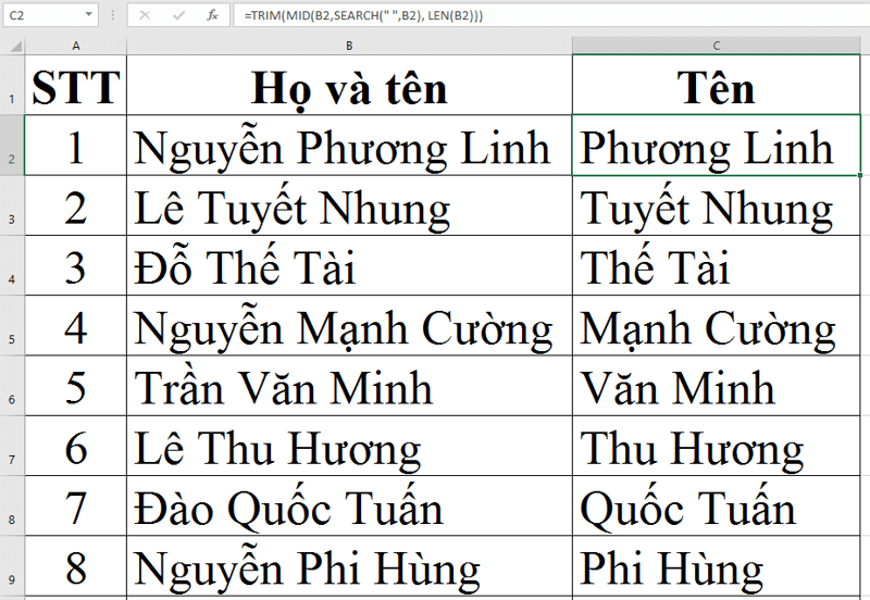 Cách dùng hàm MID để trích xuất tên bất kỳ