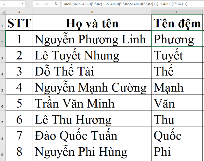 Cách trích xuất chuỗi ký tự nằm giữa hai dấu cách