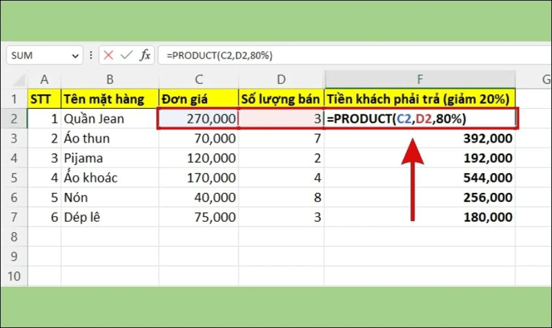 Cách kết hợp hàm nhân Product trong Excel cùng hàm IF bước 1