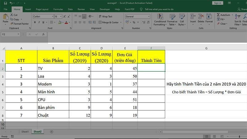 Cách tính tích kết hợp với các hàm SUM, AVERAGE