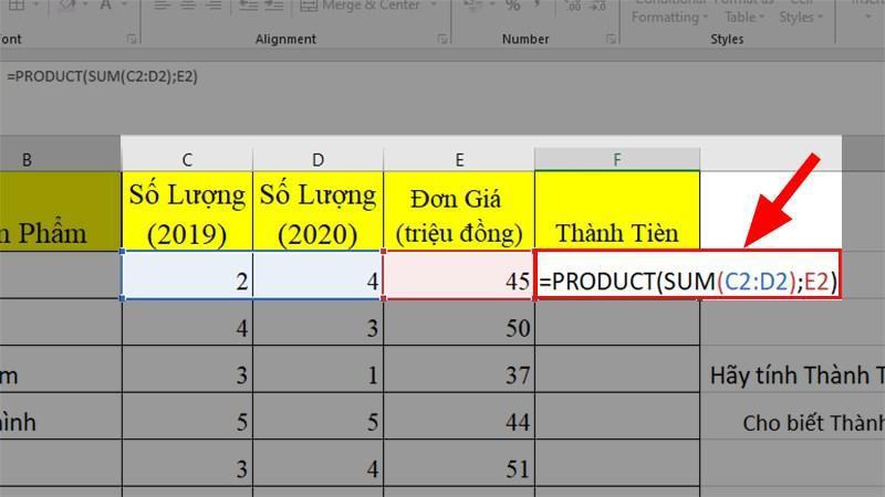 Cách tính tích kết hợp với các hàm SUM, AVERAGE bước 1