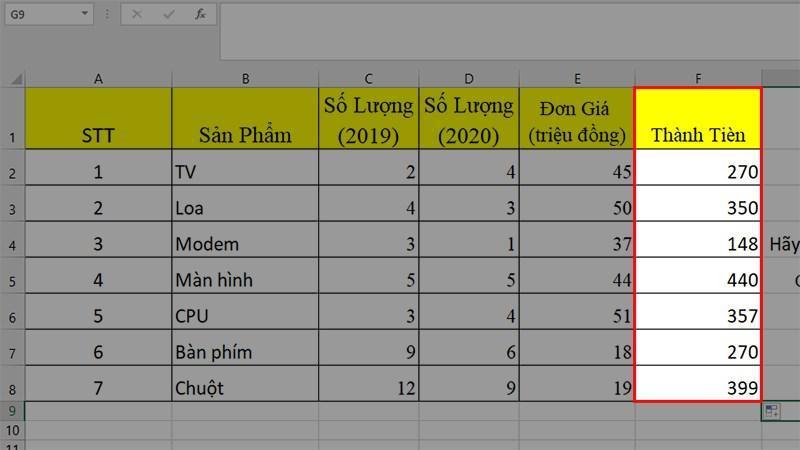 Cách tính tích kết hợp với các hàm SUM, AVERAGE bước 2