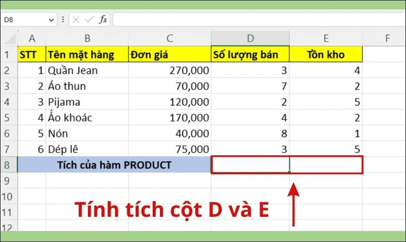 Cách tính tích từng cột trong Excel bằng hàm Product