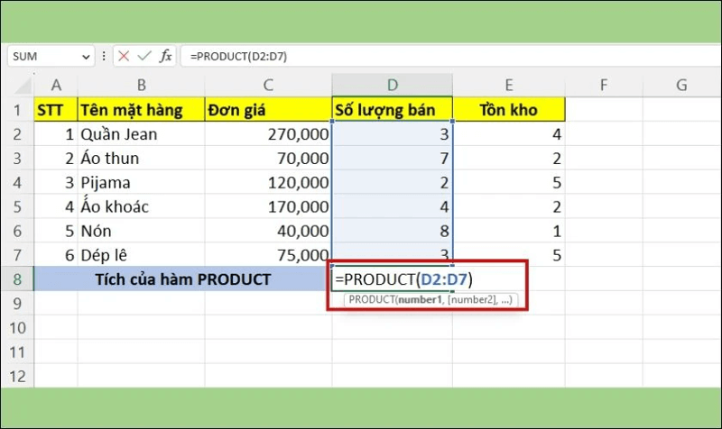 Cách tính tích từng cột trong Excel bằng hàm Product bước 1