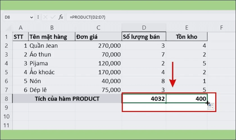 Cách tính tích từng cột trong Excel bằng hàm Product bước 2