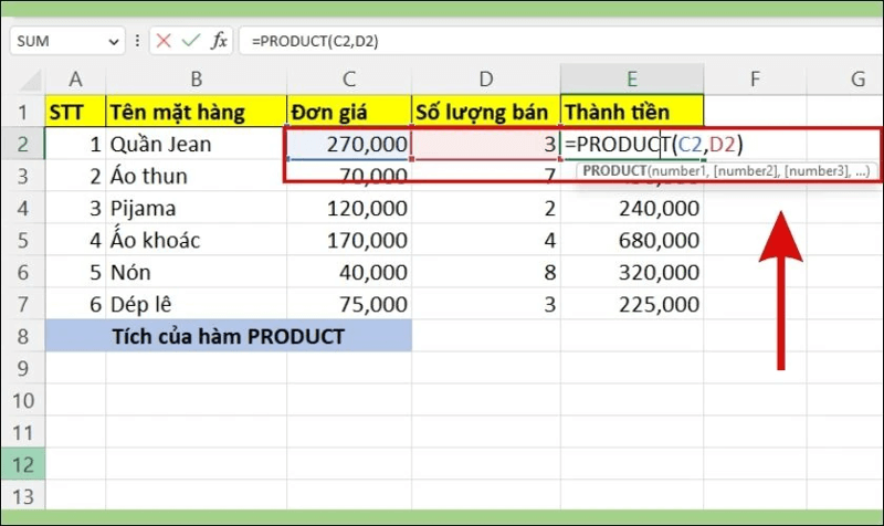 Cách sử dụng hàm Product để tính tích nhiều cột trong Excel bước 2