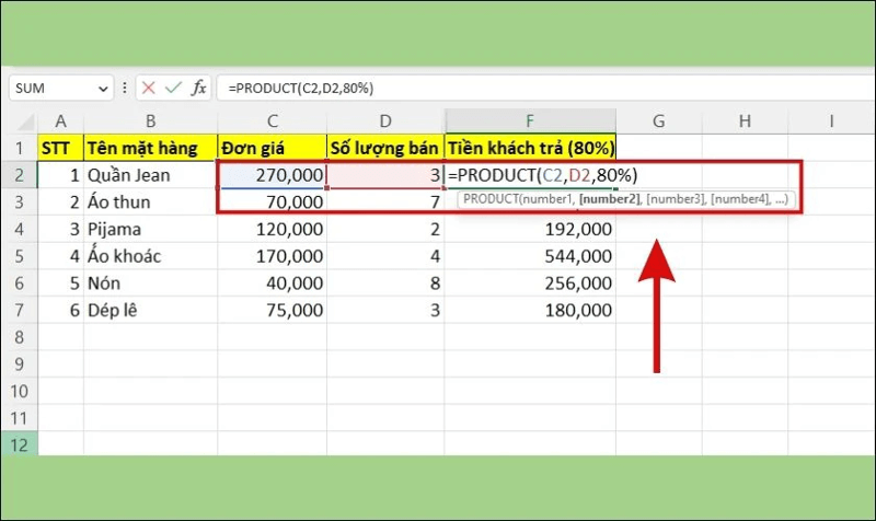 Cách sử dụng hàm Product nhiều cột với 1 số trong Excel