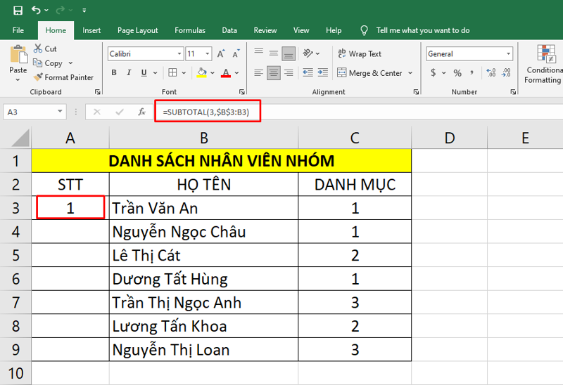 Sử dụng hàm SUBTOTAL để đánh số thứ tự nhanh bước 1