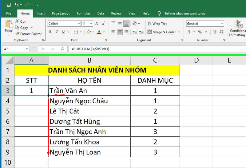 Sử dụng hàm SUBTOTAL để đánh số thứ tự nhanh bước 2