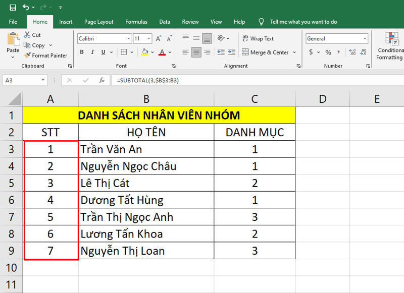 Sử dụng hàm SUBTOTAL để đánh số thứ tự nhanh bước 3