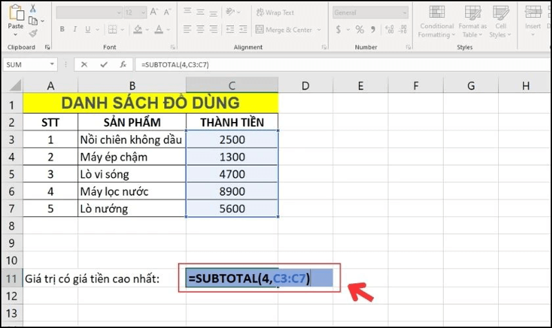 Sử dụng hàm SUBTOTAL để tìm giá trị lớn nhất bước 1