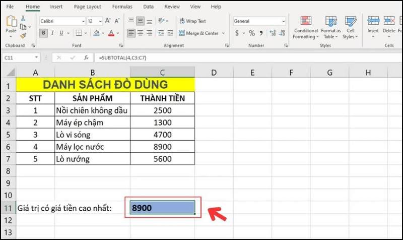 Sử dụng hàm SUBTOTAL để tìm giá trị lớn nhất bước 2