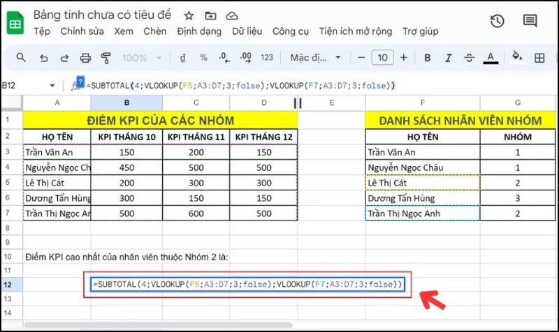 Kết hợp hàm SUBTOTAL và VLOOKUP bước 1