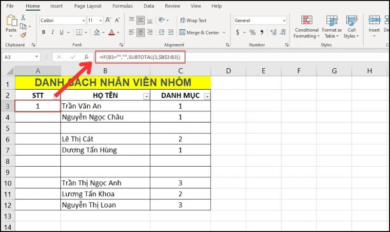 Kết hợp hàm SUBTOTAL và HAM IF bước 1